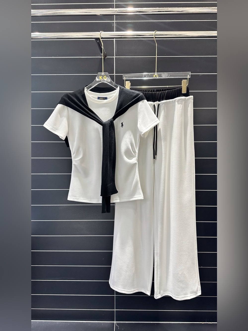 Polo by Ralph Lauren White Tee & Wide-Leg Set with Black Sweater Accent